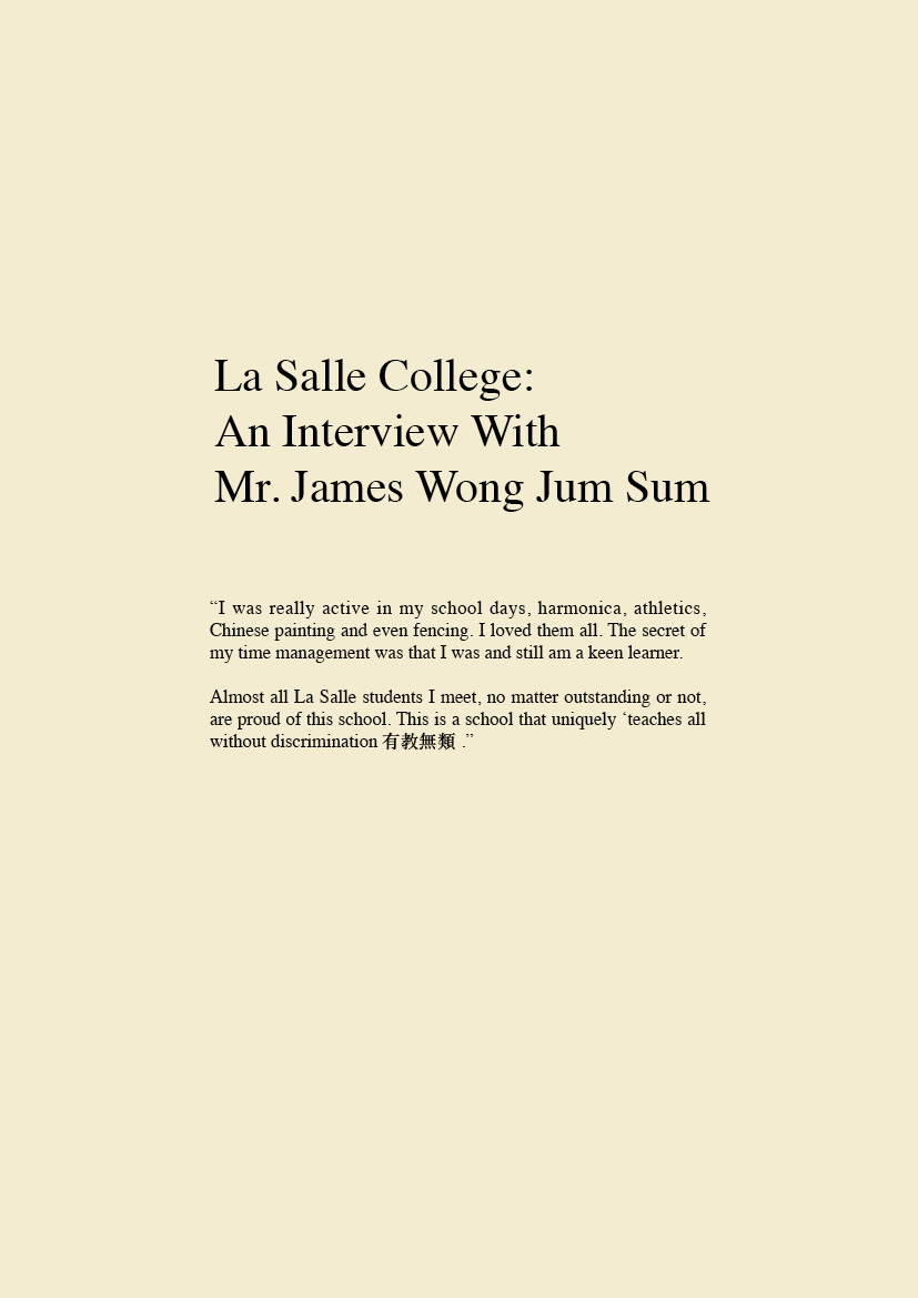 La Salle College: An Interview with Mr James Wong Jum-sum