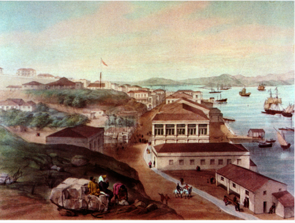 1846年11月29日從美利炮台沿皇後大道向西所見的維多利亞（中環）及維多利亞港景像