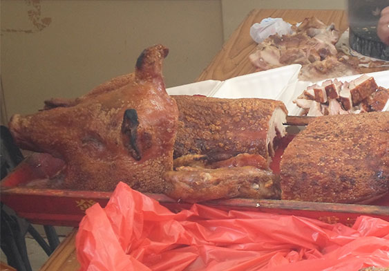 Roast pig was served to those worshiping their ancestors at the ancestral hall