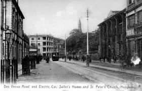 Des Voeux Road and Electric Car, Sailor's Home and St. Peter's Church, Hong kong